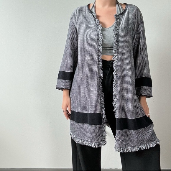 Kasper Sweaters - Kasper Black and Gray Fringed Cardigan